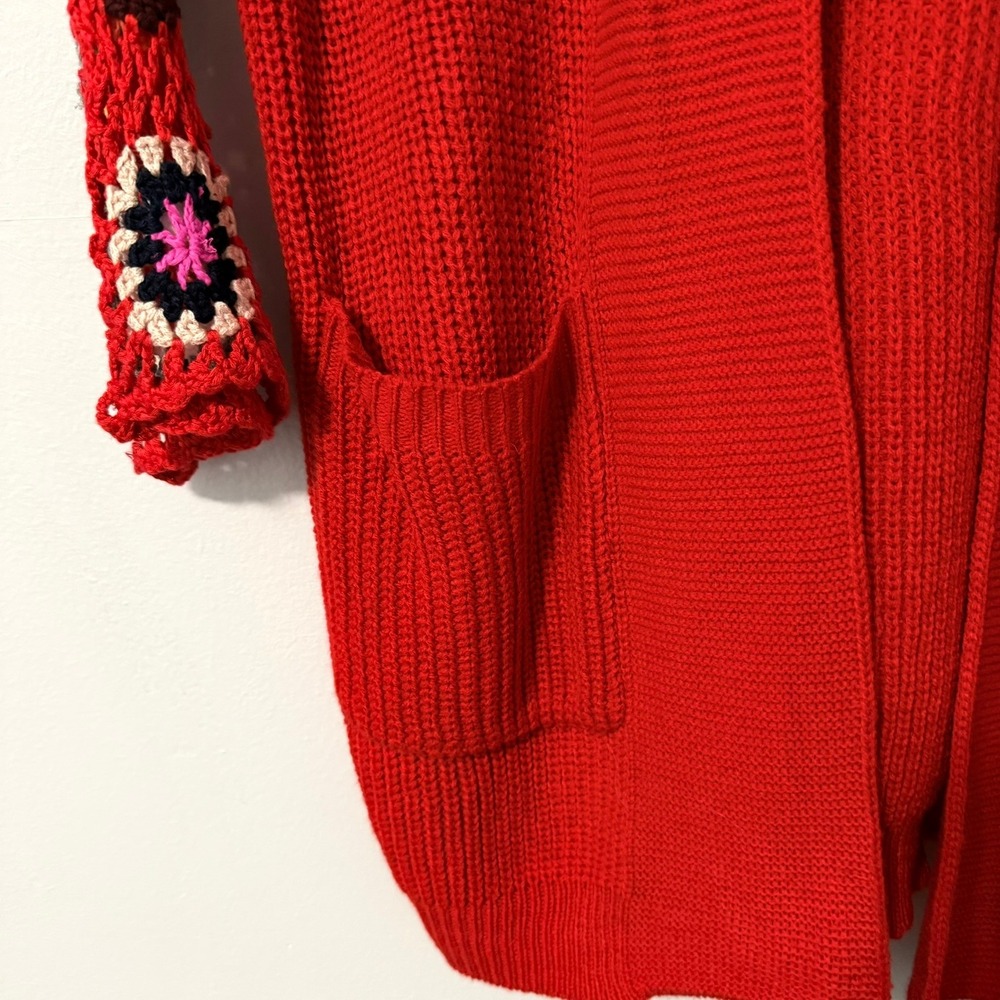 Blakeley Red Crochet Granny Square Sleeve Open Front Cardigan Sweater OS Womens - Picture 4 of 16